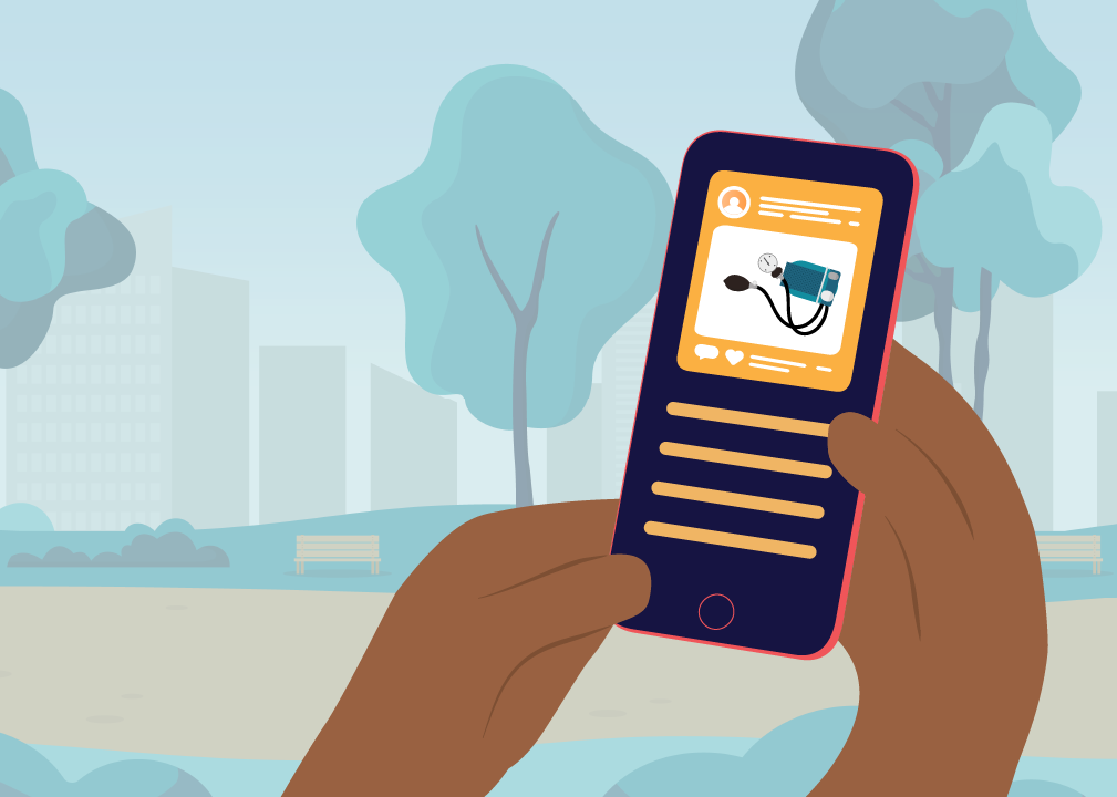 Graphic of someone holding a smartphone looking at a program.