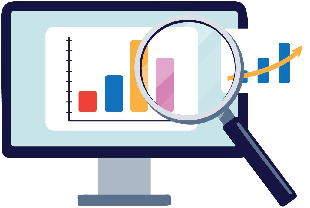 Illustration of a magnifying glass and charts on a computer