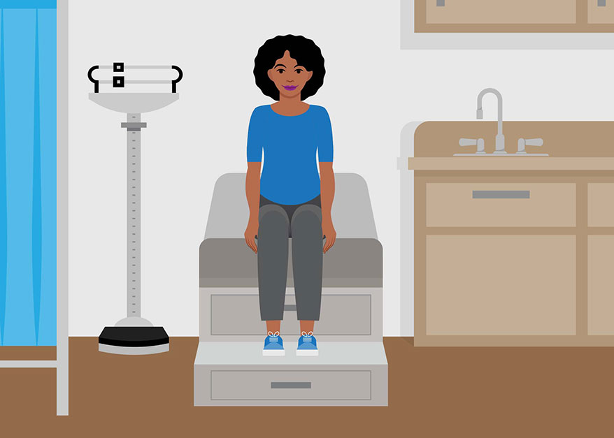 Illustration of a woman sitting on an exam table in a doctor's office.
