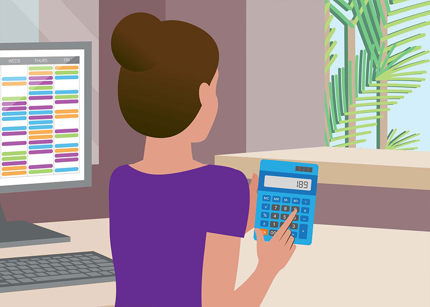 Illustration of a woman with her back to us holding a calculator.
