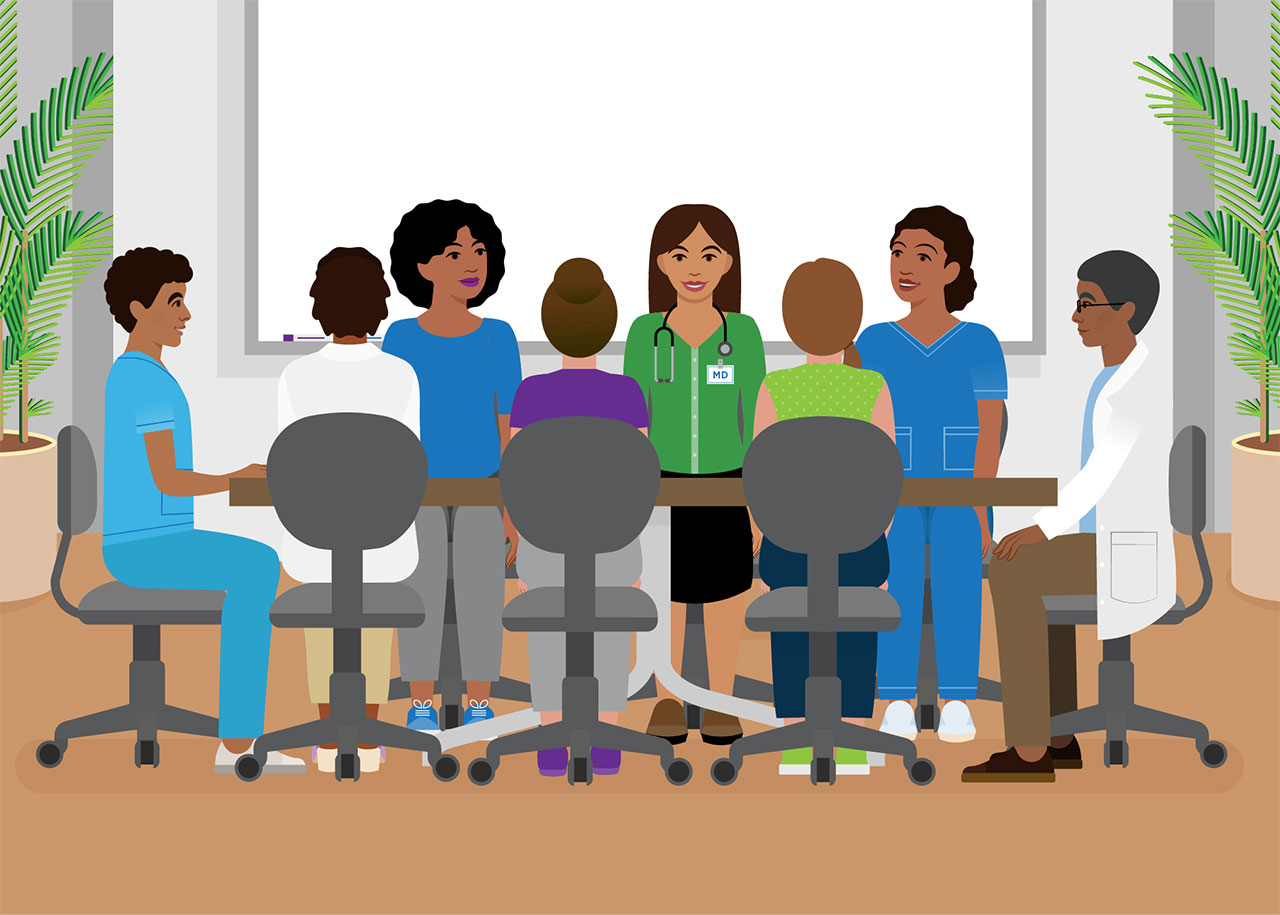 Illustration of medical personnel at a conference table