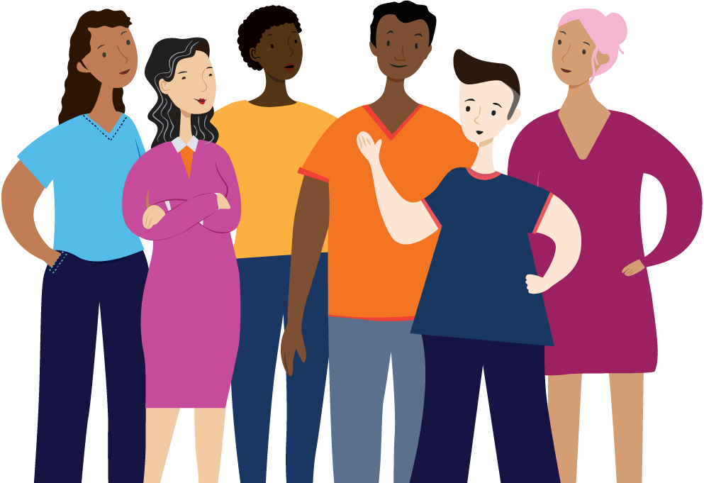 Illustration of six people huddled together
