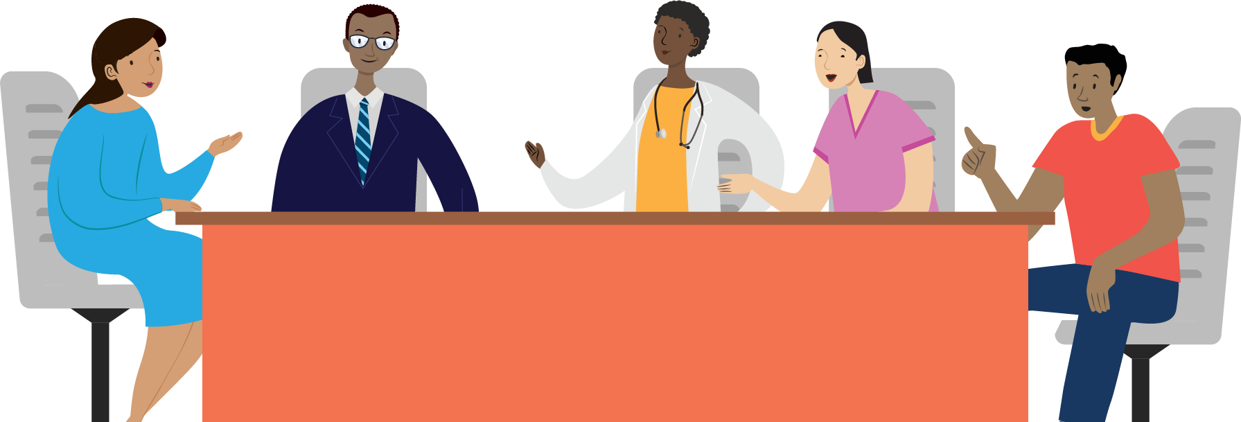 Illustration of five people meeting at a conference table