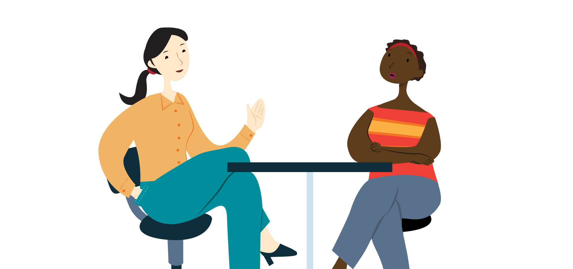 Illustration of two people sitting at round table and having conversation.