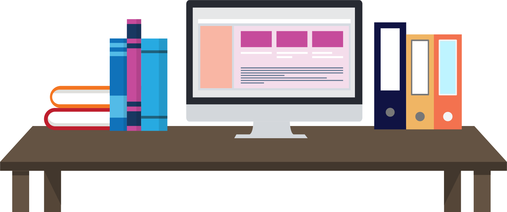 Illustration of a desk with a computer and books