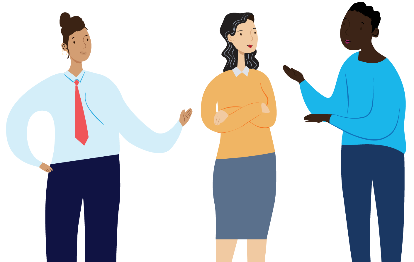 Illustration of a group of diverse people chatting in one on one conversations.