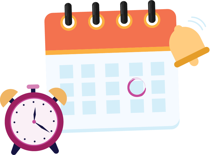 Illustration of an alarm clock, bell, and calendar