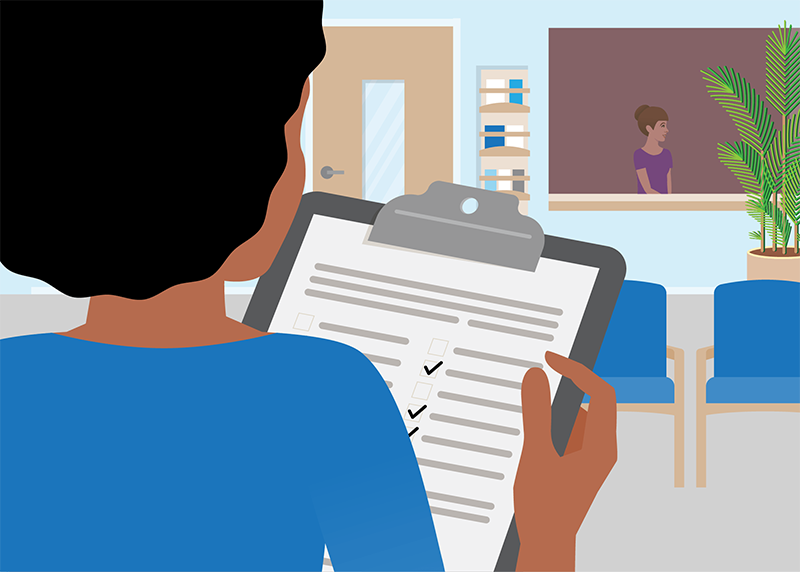 Illustration looking over a person's shoulder at a clipboard.
